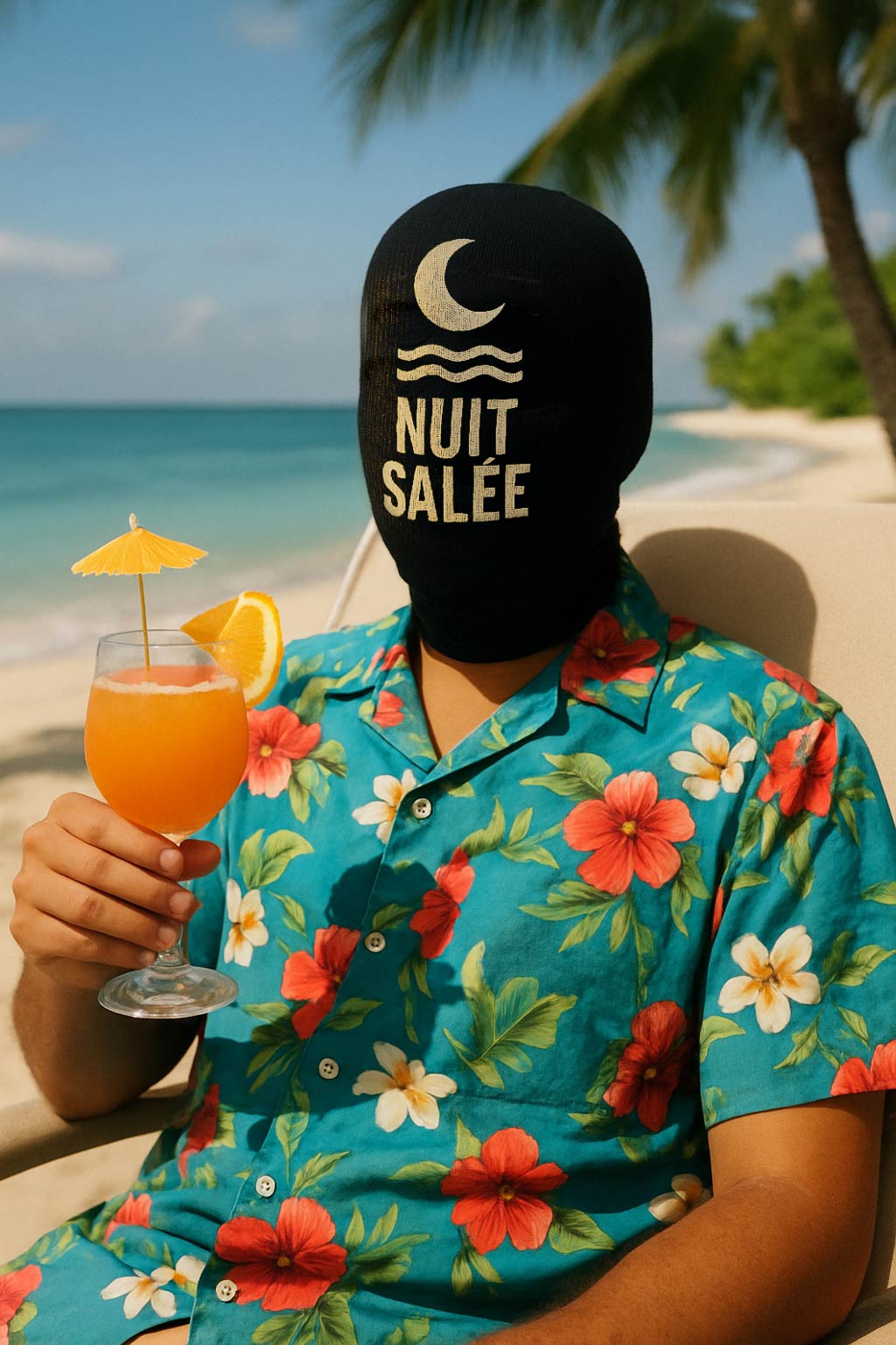 Nuit Salée holding an orange drink beside the bright Pacific lagoon.